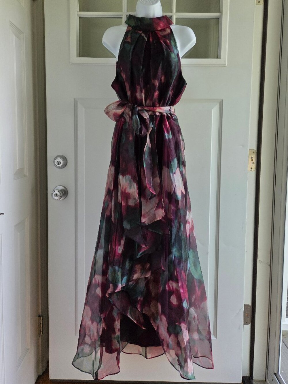 NWT | R&M Richards Long Printed Organza Halter Dress | Sz. 12
